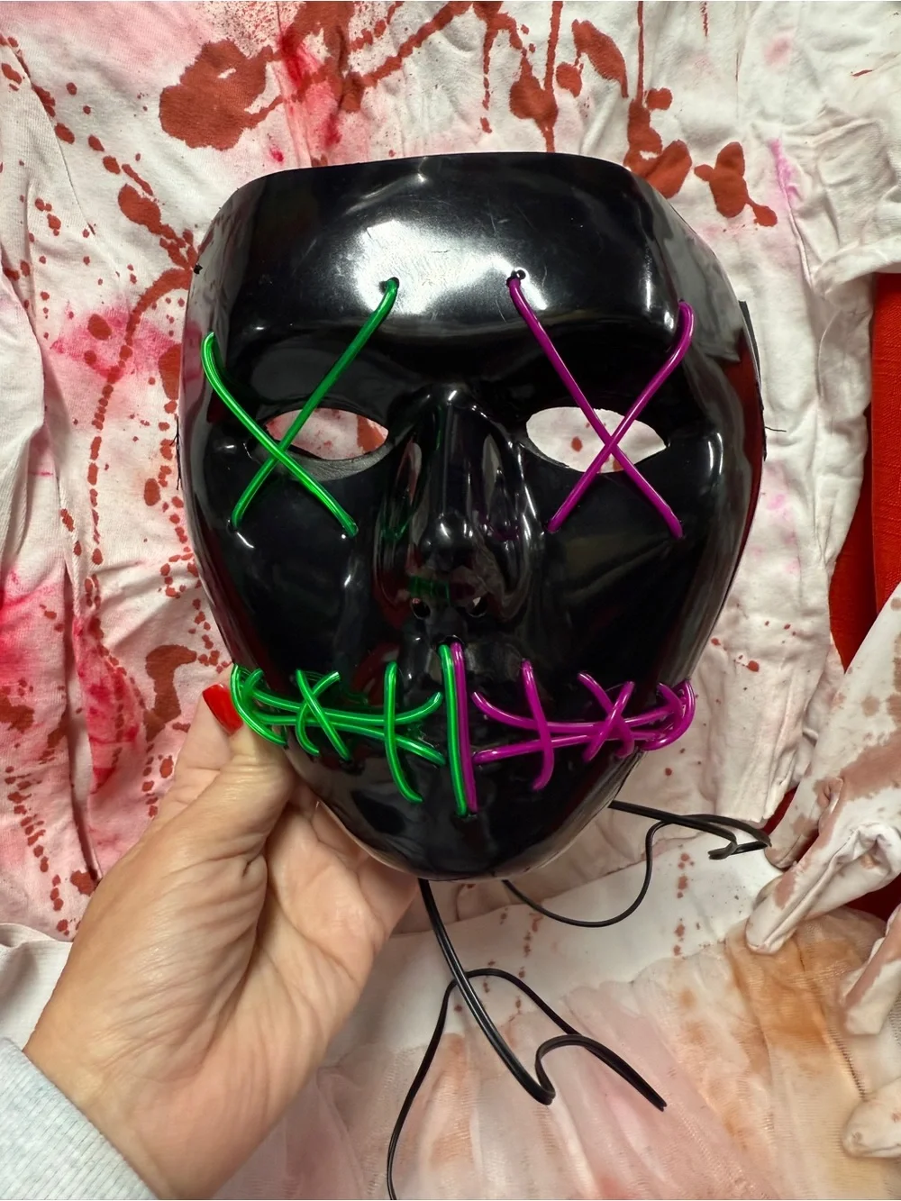 Purge Black Light Up LED Stitch Mask with Women’s Sz M Bloody Dress Costume